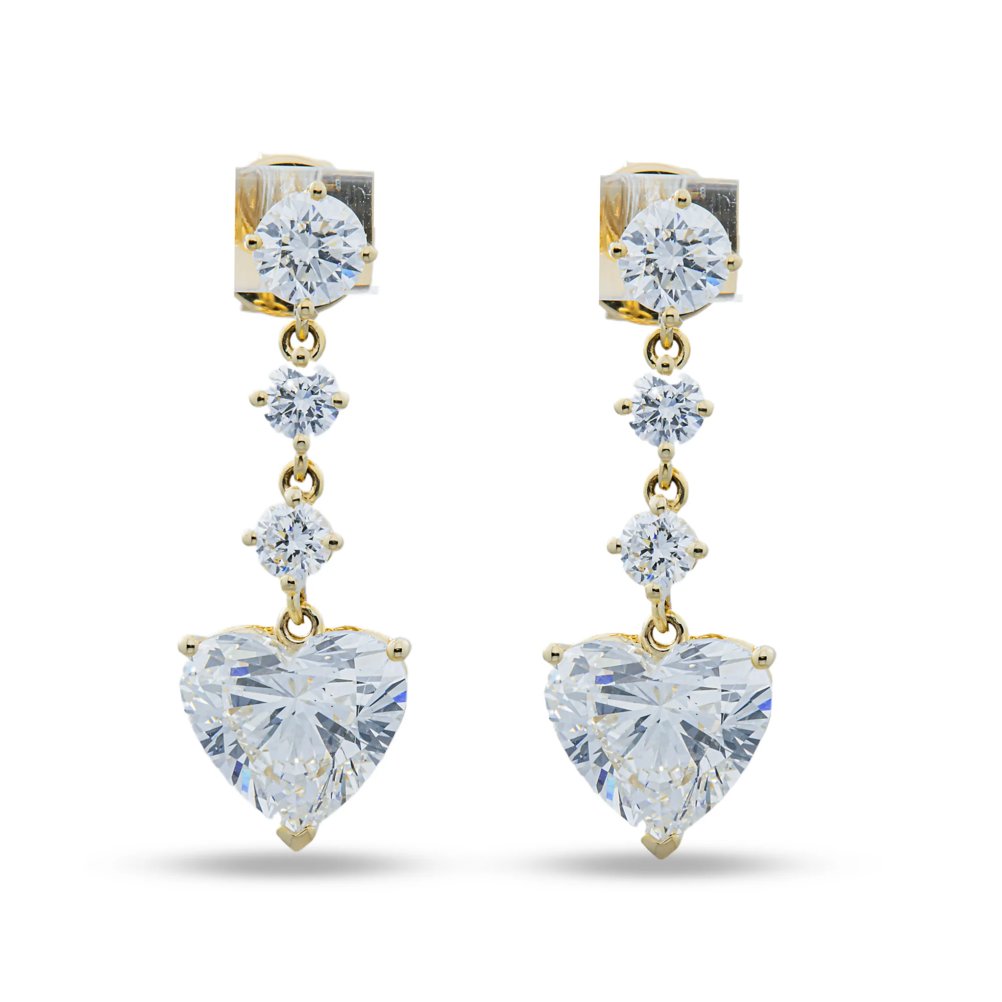 Yellow Gold Heart & Round Diamond Drop Earrings 5.39ctw
