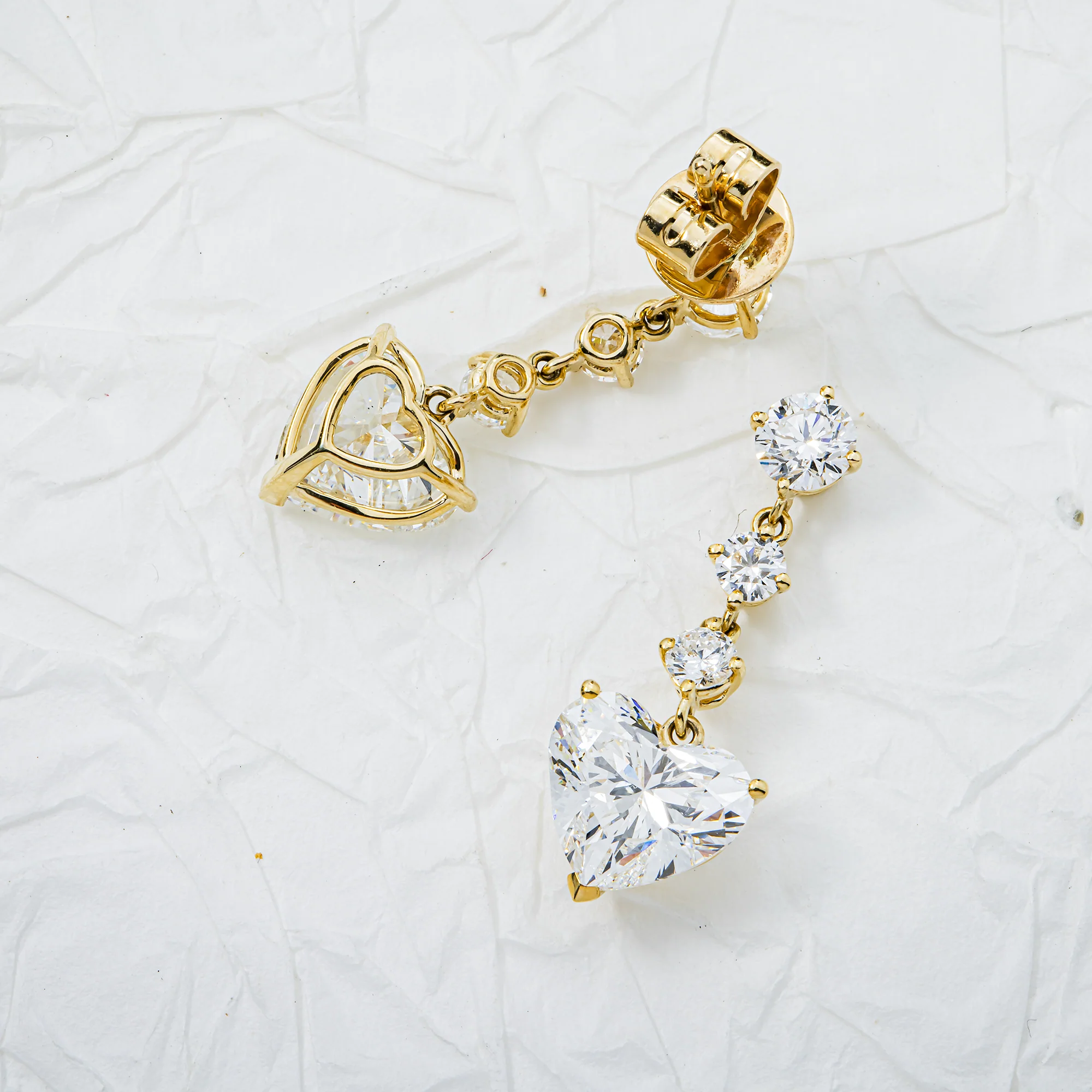 Yellow Gold Heart & Round Diamond Drop Earrings 5.39ctw - Image 3